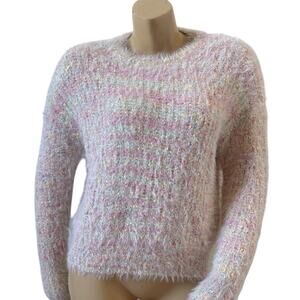 Love By Design Fuzzy Sweater Small Pastel Multicolor Crew Neck Soft Knit NWT